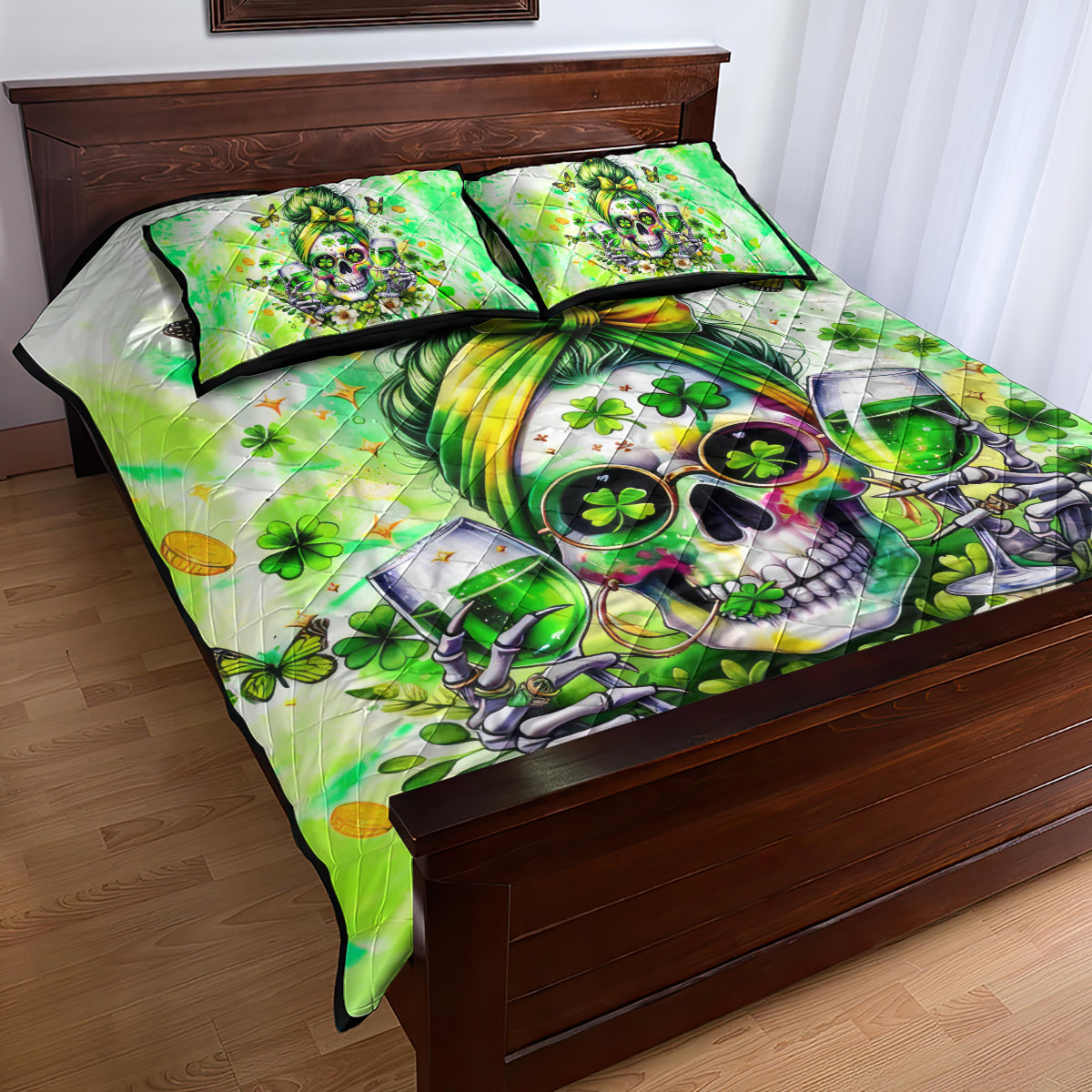 Irish Skull Quilt Bed Set Drink Up Bitch