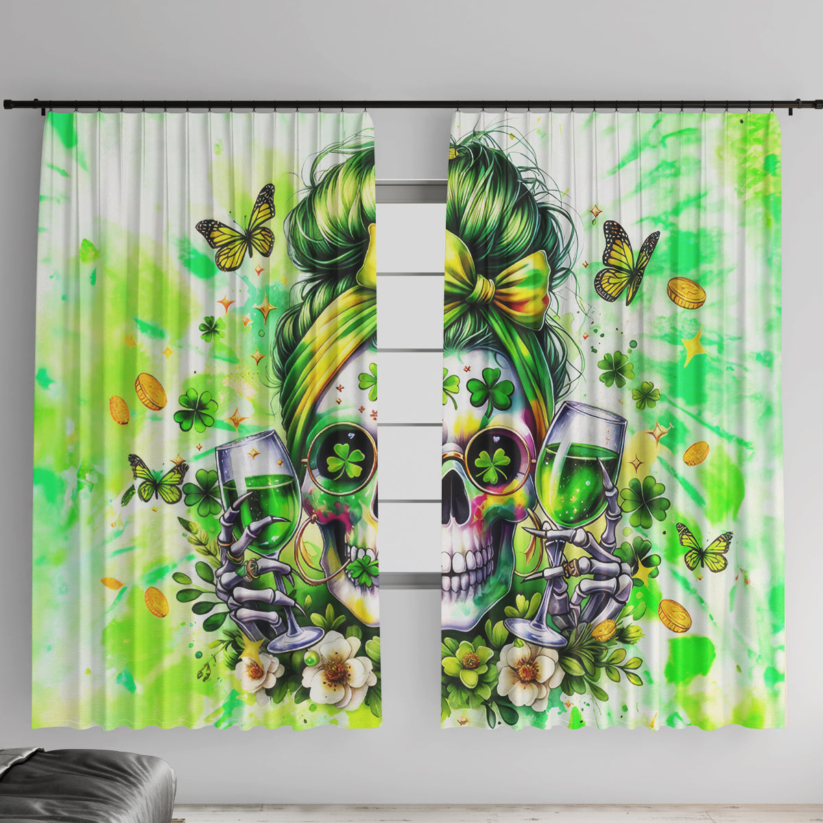 Irish Skull Window Curtain Drink Up Bitch
