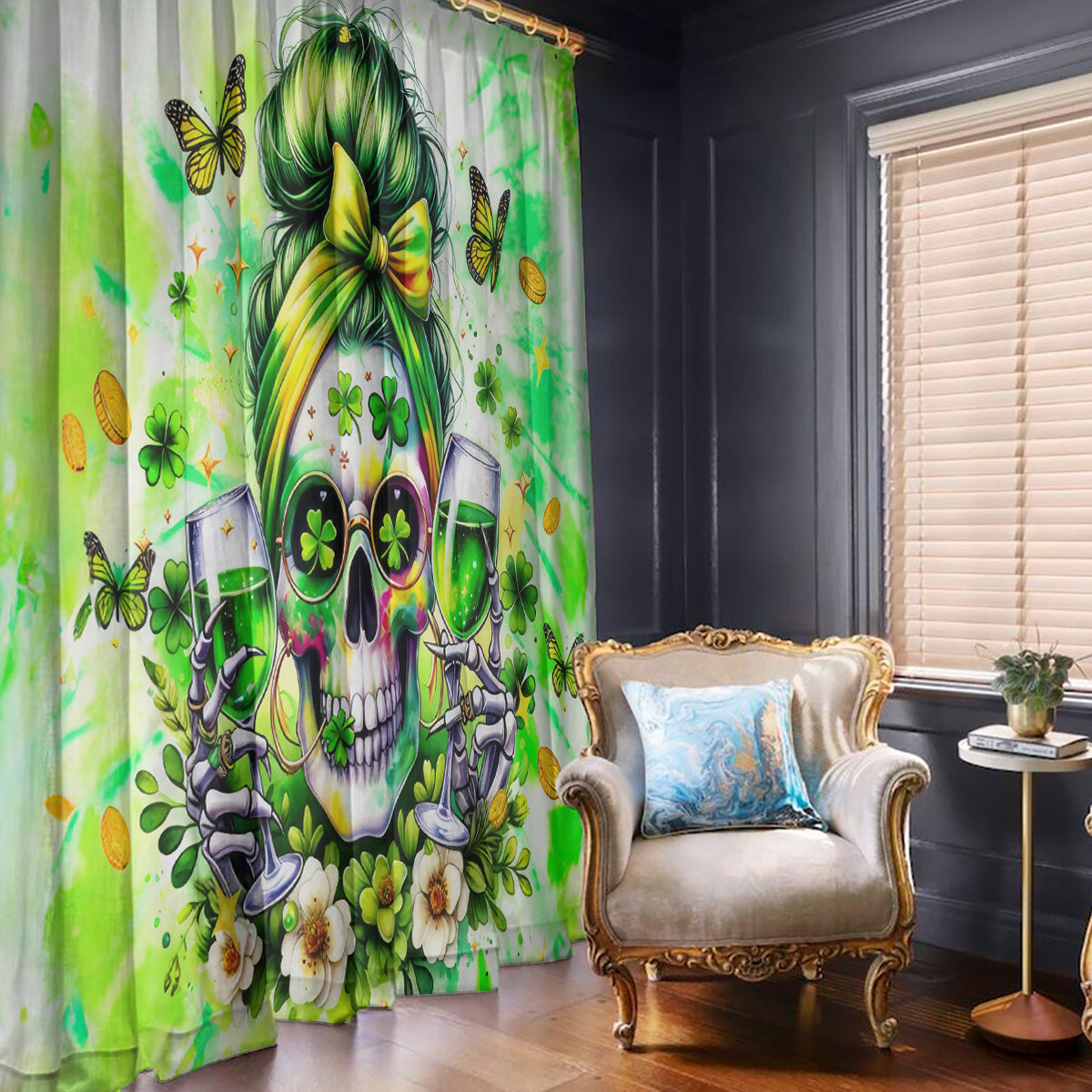 Irish Skull Window Curtain Drink Up Bitch