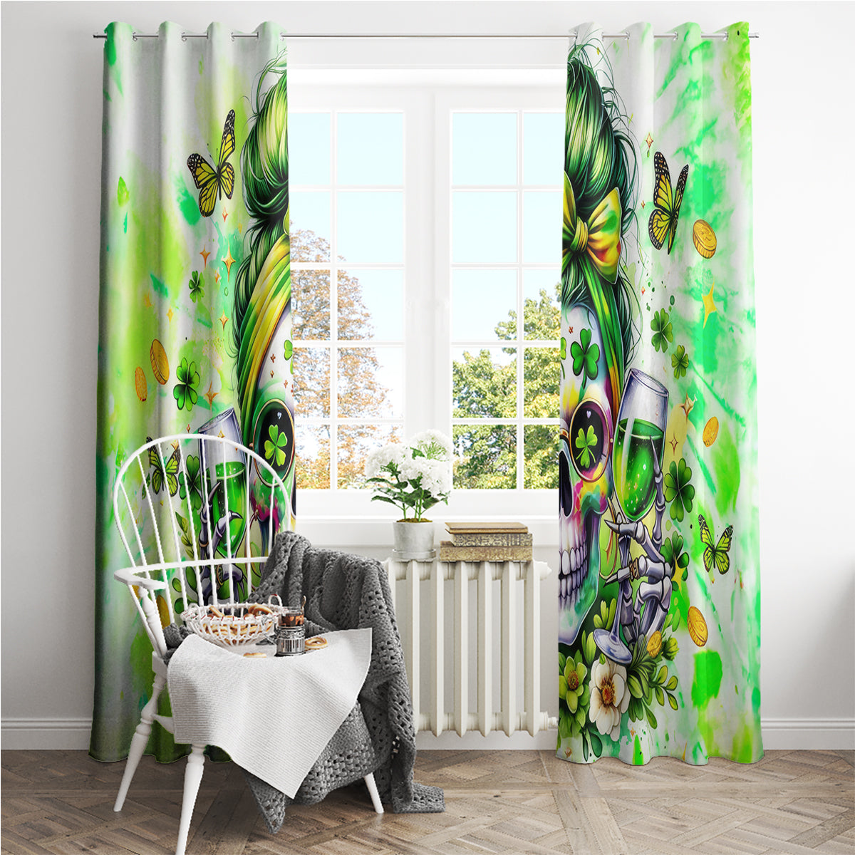 Irish Skull Window Curtain Drink Up Bitch