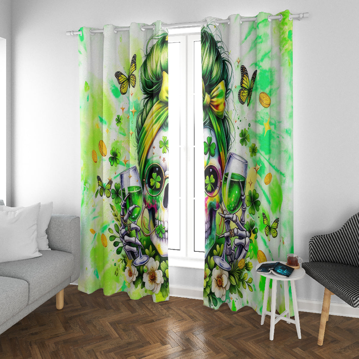 Irish Skull Window Curtain Drink Up Bitch