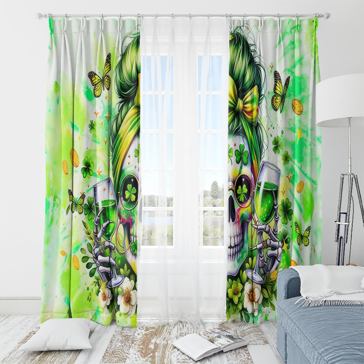 Irish Skull Window Curtain Drink Up Bitch