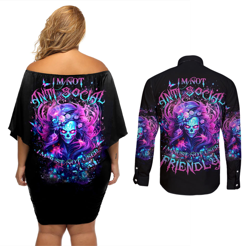 Lady Skull Couples Matching Off Shoulder Short Dress and Long Sleeve Button Shirt I'm Not Anti Social I'm Just Not User Friendly