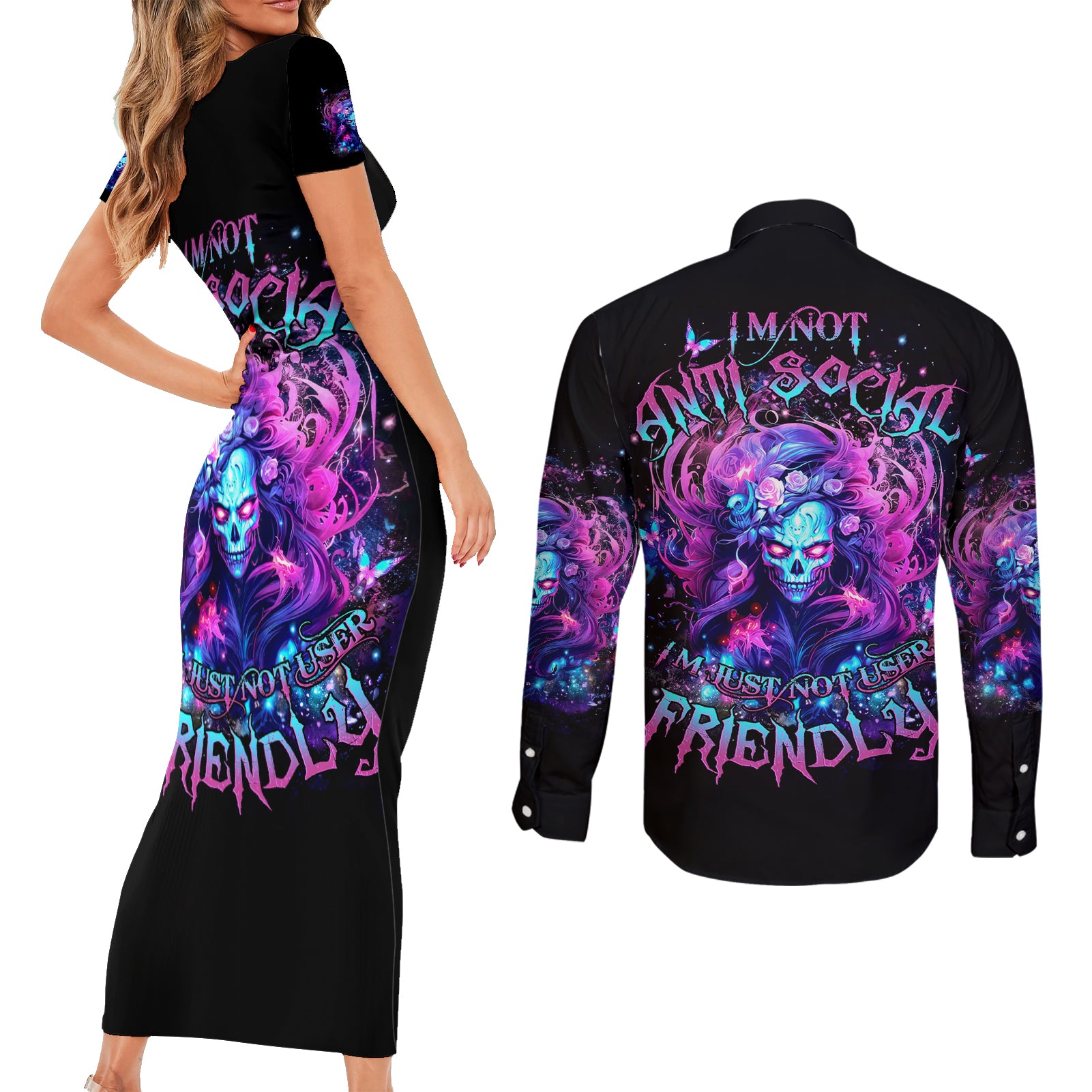 Lady Skull Couples Matching Short Sleeve Bodycon Dress and Long Sleeve Button Shirt I'm Not Anti Social I'm Just Not User Friendly