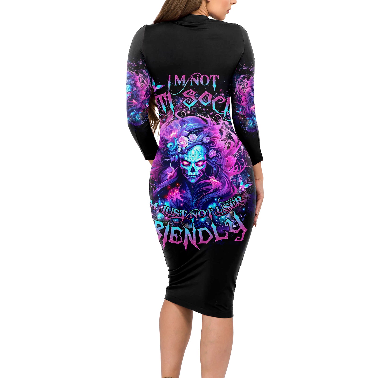 Lady Skull Long Sleeve Bodycon Dress I'm Not Anti Social I'm Just Not User Friendly