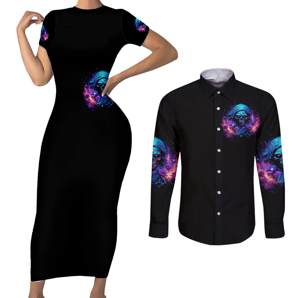 Flame Skull Couples Matching Short Sleeve Bodycon Dress and Long Sleeve Button Shirt Its Not How Crazy I Am But How Much I enjoy It That Makes Me Dangeous