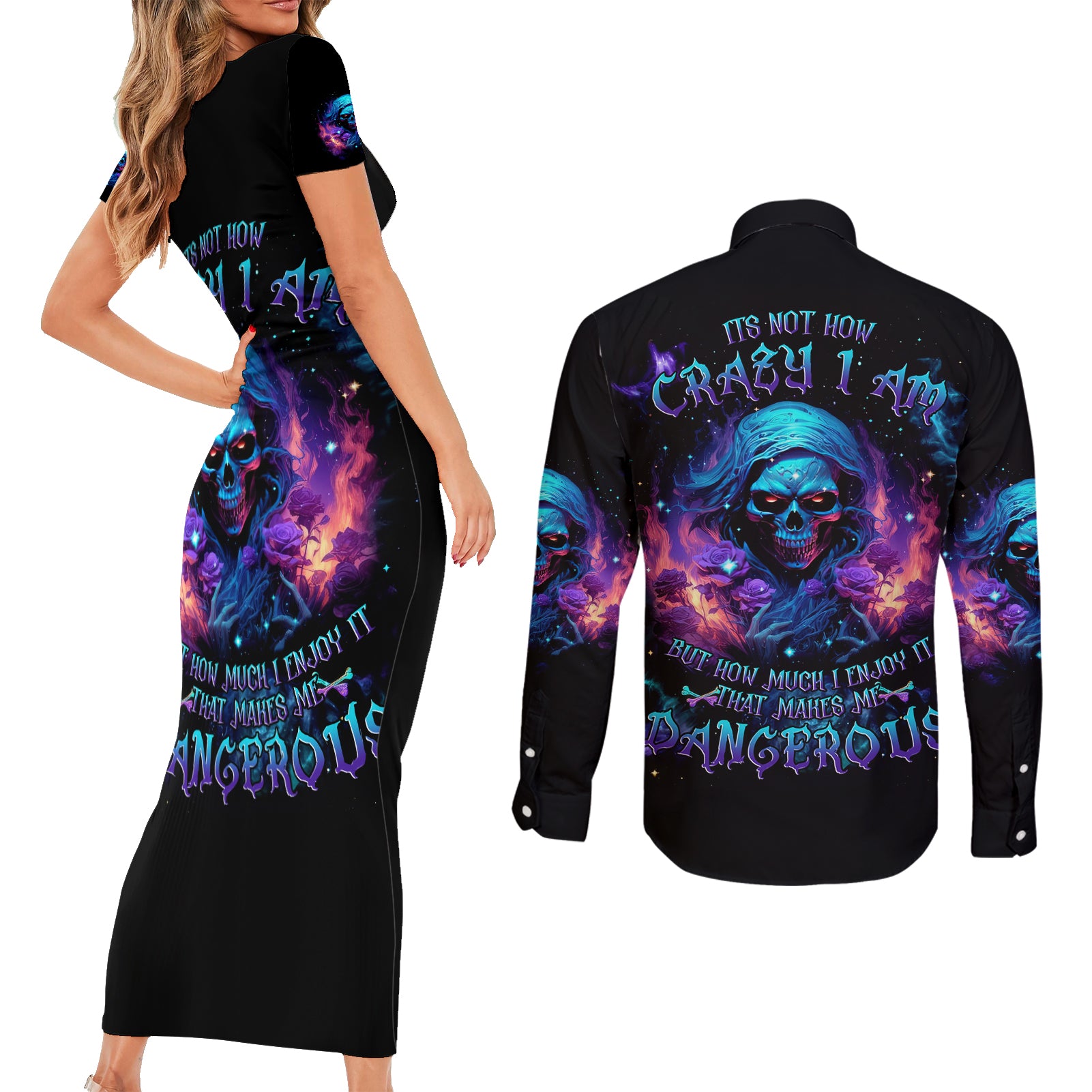 Flame Skull Couples Matching Short Sleeve Bodycon Dress and Long Sleeve Button Shirt Its Not How Crazy I Am But How Much I enjoy It That Makes Me Dangeous