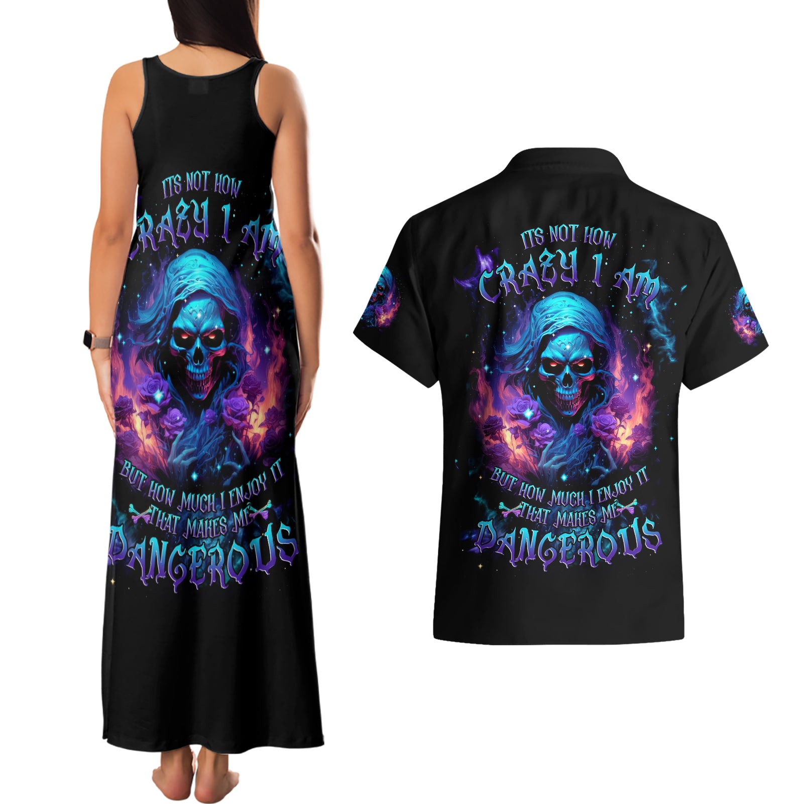 Flame Skull Couples Matching Tank Maxi Dress and Hawaiian Shirt Its Not How Crazy I Am But How Much I enjoy It That Makes Me Dangeous