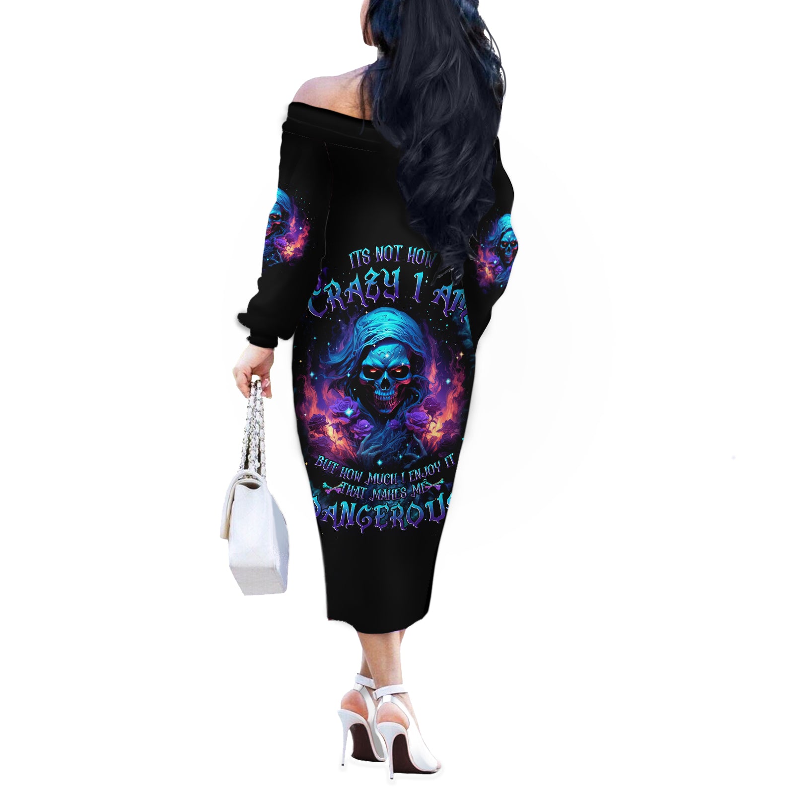 Flame Skull Off The Shoulder Long Sleeve Dress Its Not How Crazy I Am But How Much I enjoy It That Makes Me Dangeous