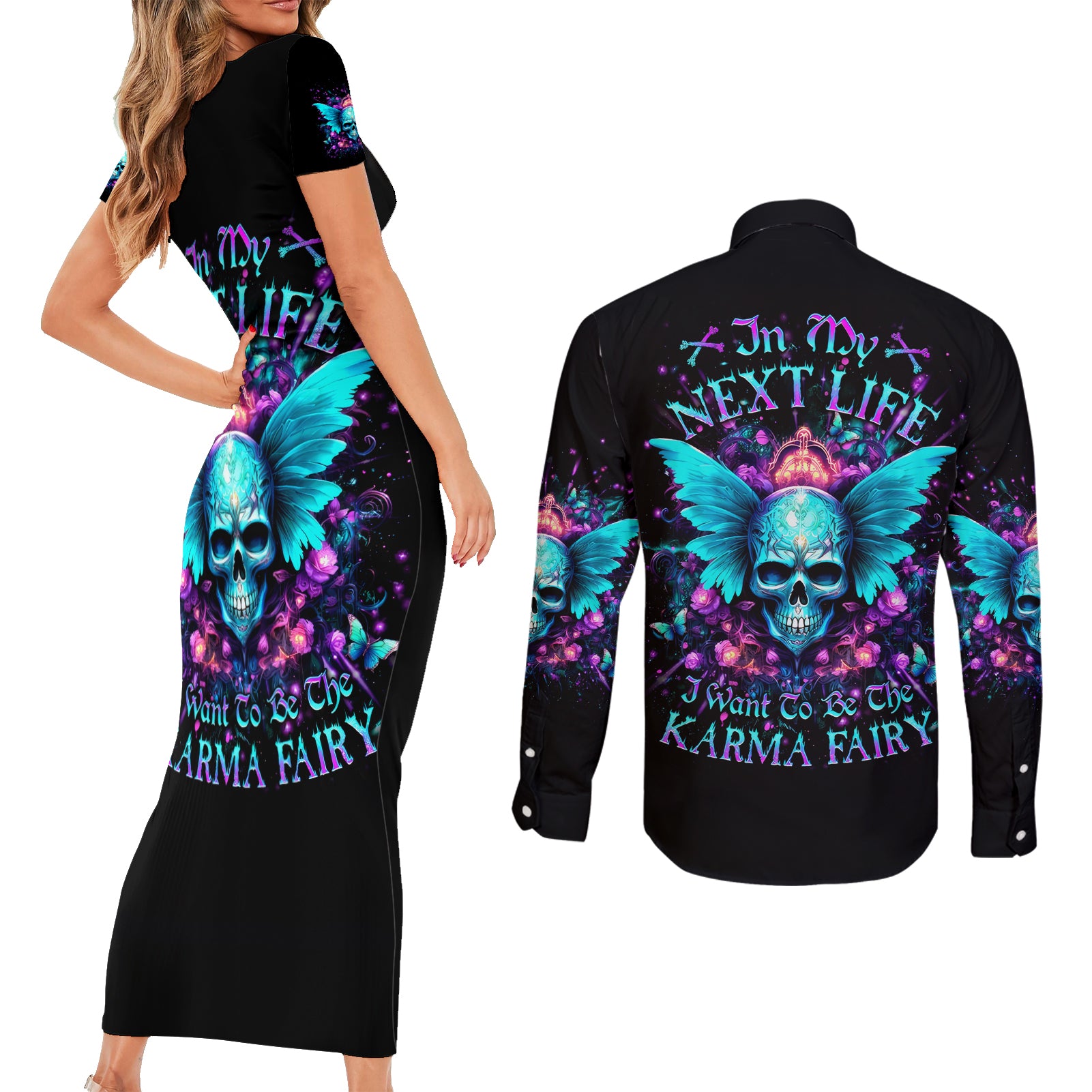 Fairy Skull Couples Matching Short Sleeve Bodycon Dress and Long Sleeve Button Shirt In My Next Life I Want To Be The Karme Fairy