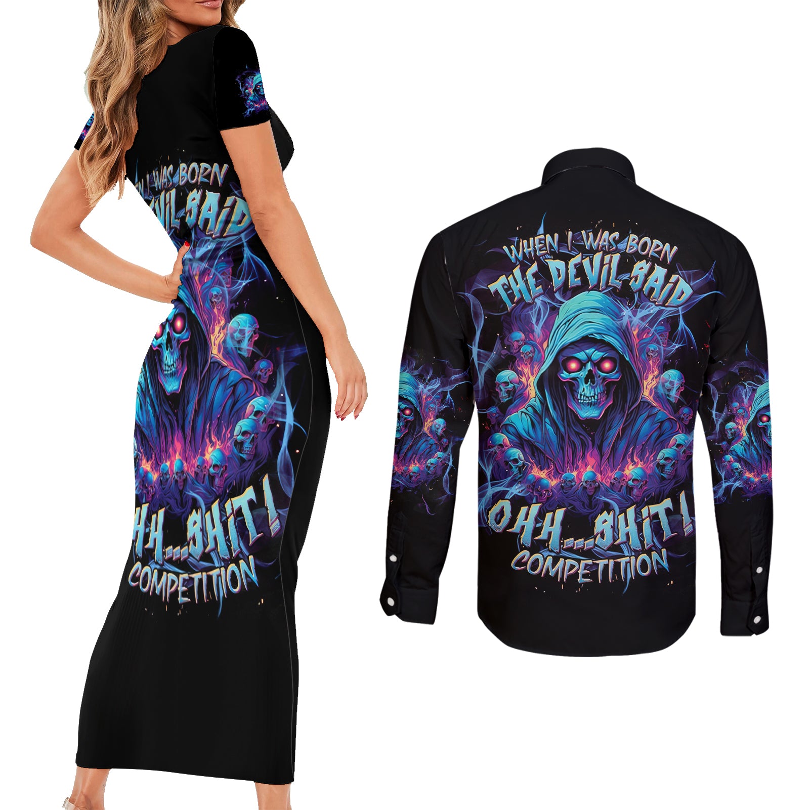 Reaper Skull Couples Matching Short Sleeve Bodycon Dress and Long Sleeve Button Shirt When I Was Born The Devil Said Oh Shit Competition