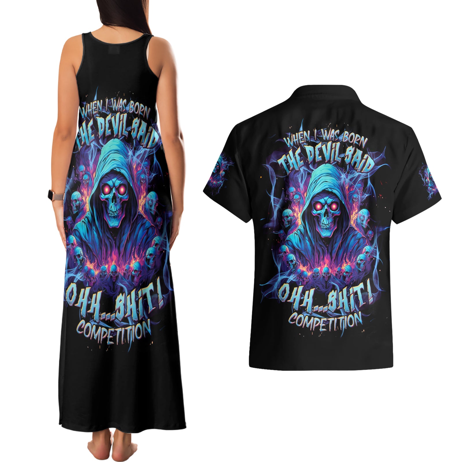 Reaper Skull Couples Matching Tank Maxi Dress and Hawaiian Shirt When I Was Born The Devil Said Oh Shit Competition