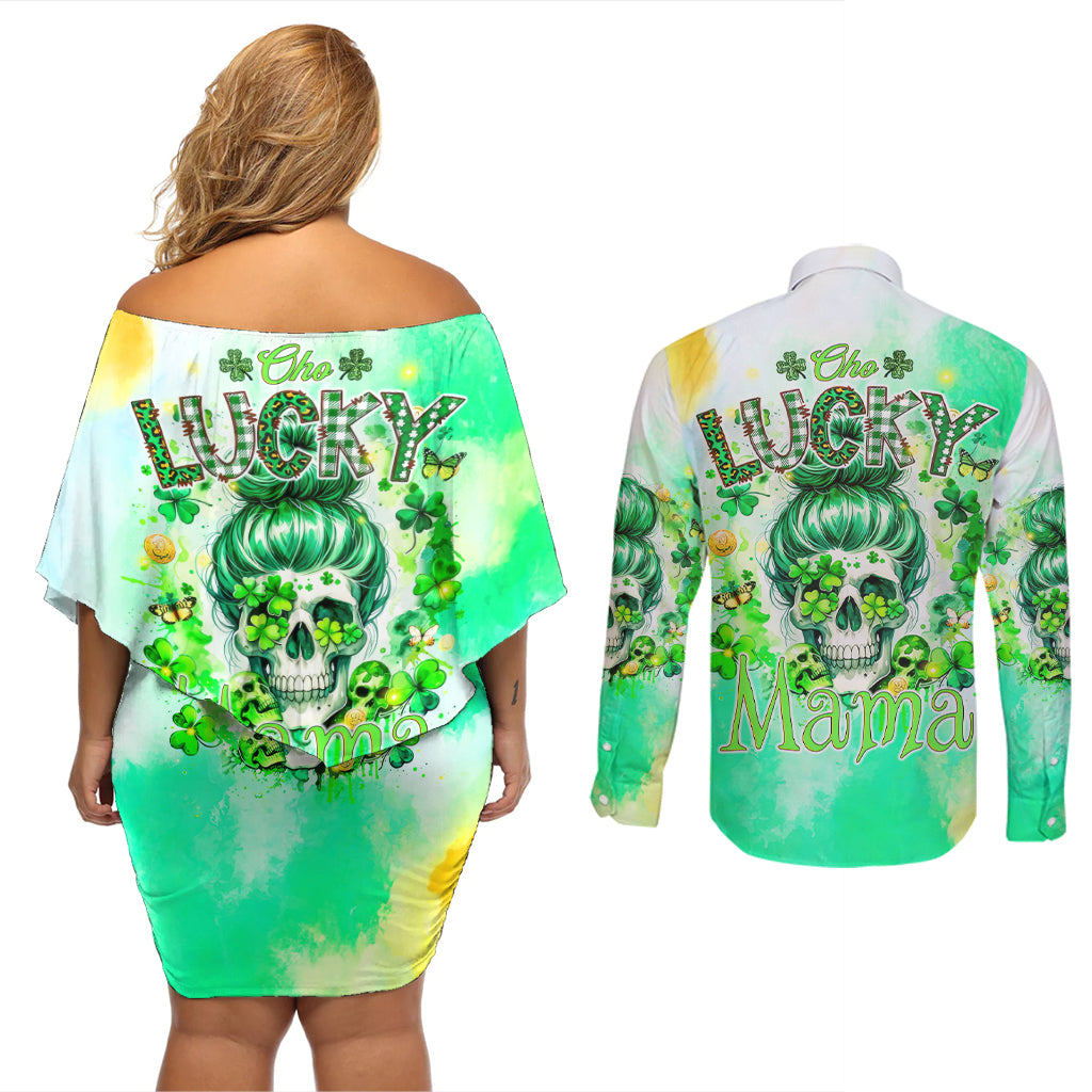 Irish Skull Couples Matching Off Shoulder Short Dress and Long Sleeve Button Shirt Oho Lucky Mama