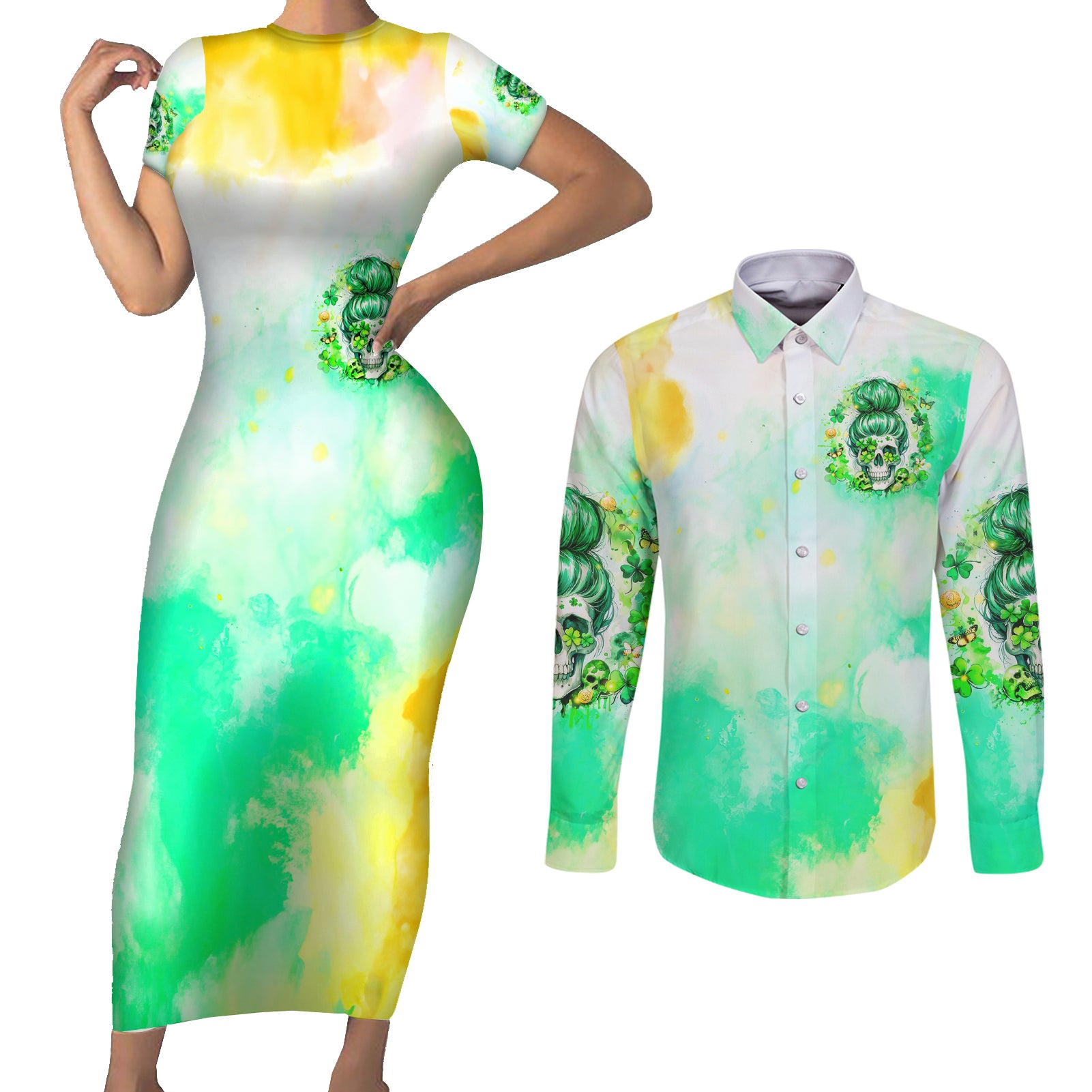 Irish Skull Couples Matching Short Sleeve Bodycon Dress and Long Sleeve Button Shirt Oho Lucky Mama