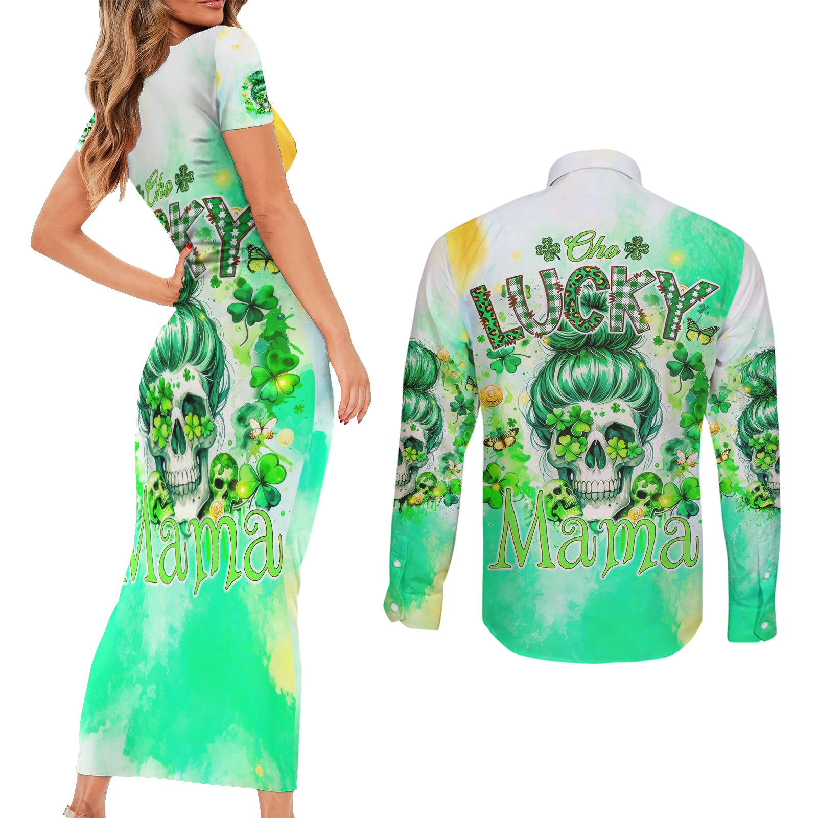 Irish Skull Couples Matching Short Sleeve Bodycon Dress and Long Sleeve Button Shirt Oho Lucky Mama