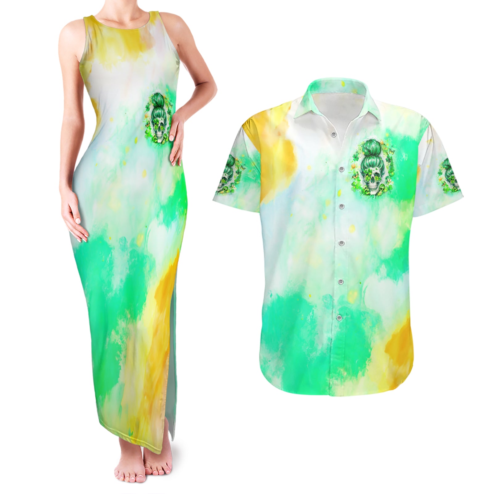Irish Skull Couples Matching Tank Maxi Dress and Hawaiian Shirt Oho Lucky Mama