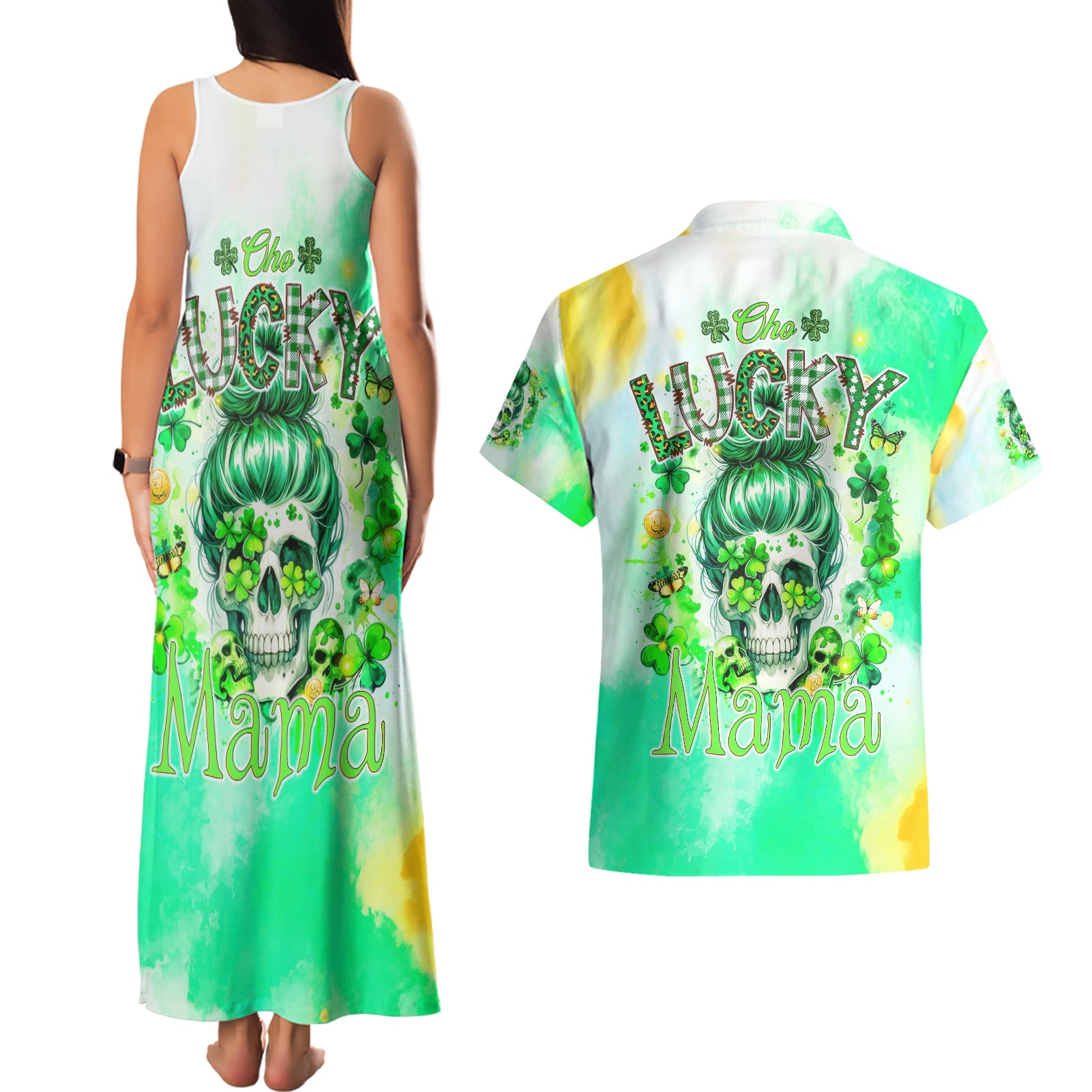 Irish Skull Couples Matching Tank Maxi Dress and Hawaiian Shirt Oho Lucky Mama