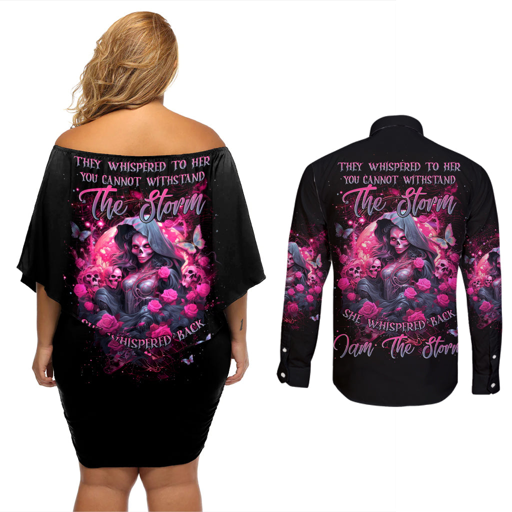 Witch Skull Couples Matching Off Shoulder Short Dress and Long Sleeve Button Shirt They Whispered To Her You Cannot Withstand The Storm