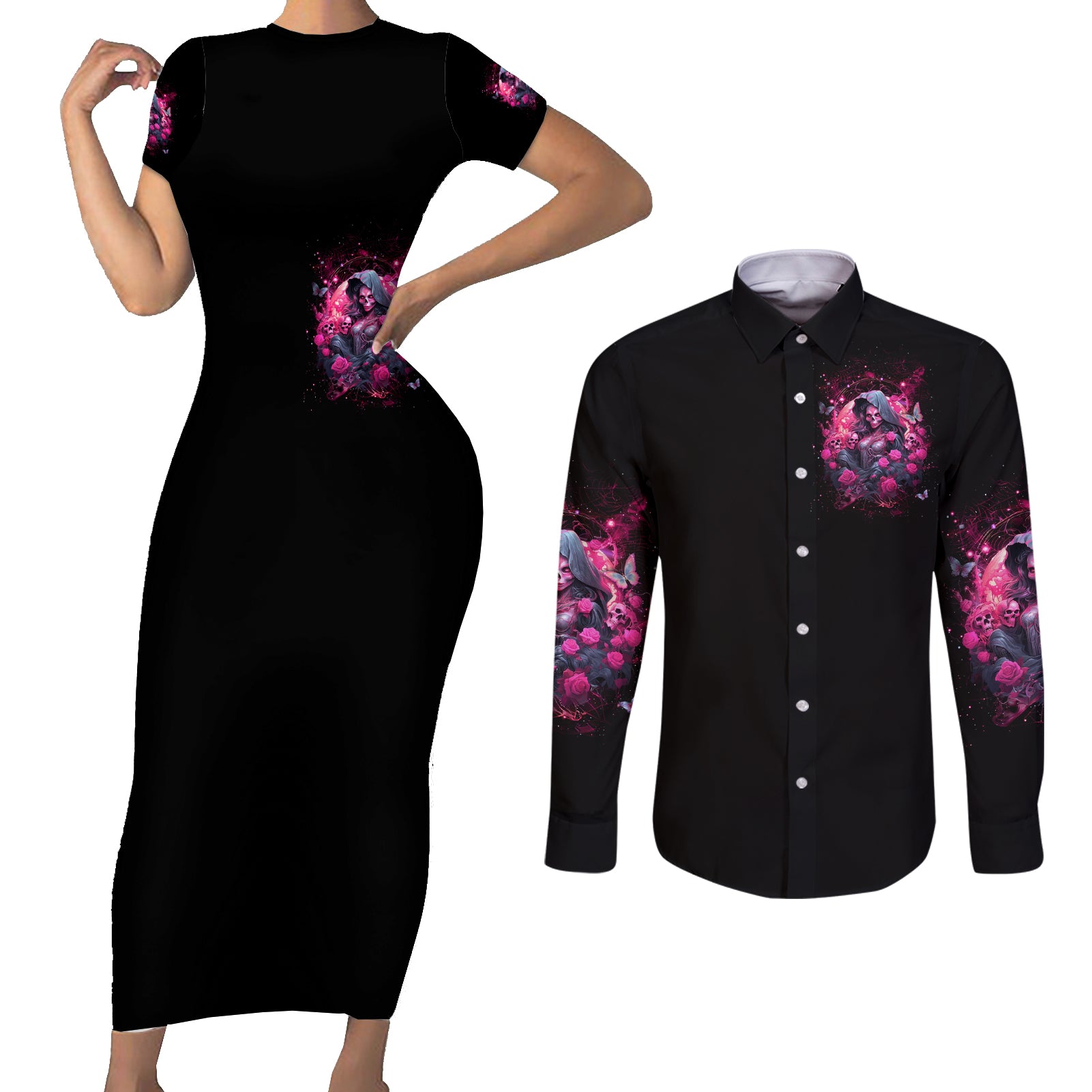 Witch Skull Couples Matching Short Sleeve Bodycon Dress and Long Sleeve Button Shirt They Whispered To Her You Cannot Withstand The Storm