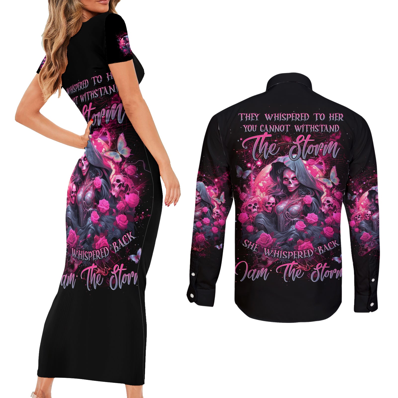 Witch Skull Couples Matching Short Sleeve Bodycon Dress and Long Sleeve Button Shirt They Whispered To Her You Cannot Withstand The Storm