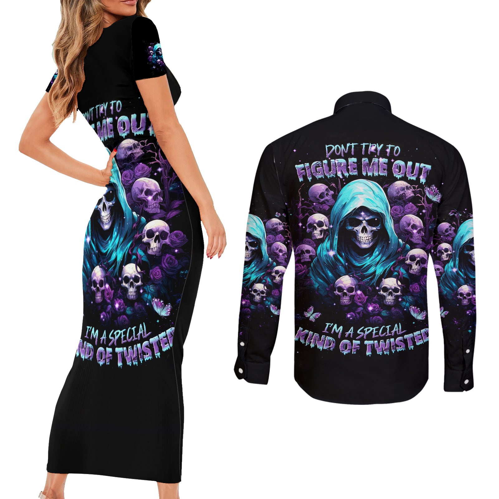 Reaper Skull Couples Matching Short Sleeve Bodycon Dress and Long Sleeve Button Shirt Don't Try To Figure Me Out