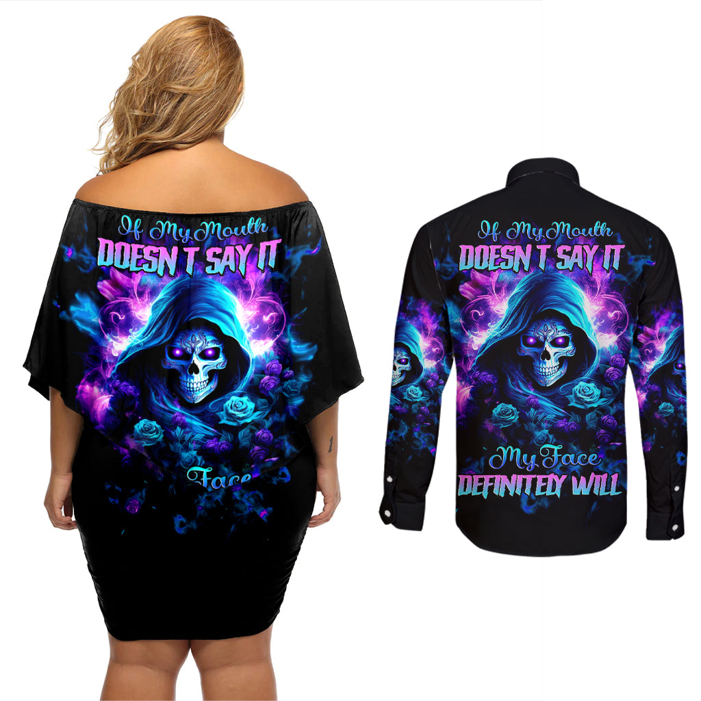 Rose Skull Couples Matching Off Shoulder Short Dress and Long Sleeve Button Shirt If My Mouth Doesn't Say It