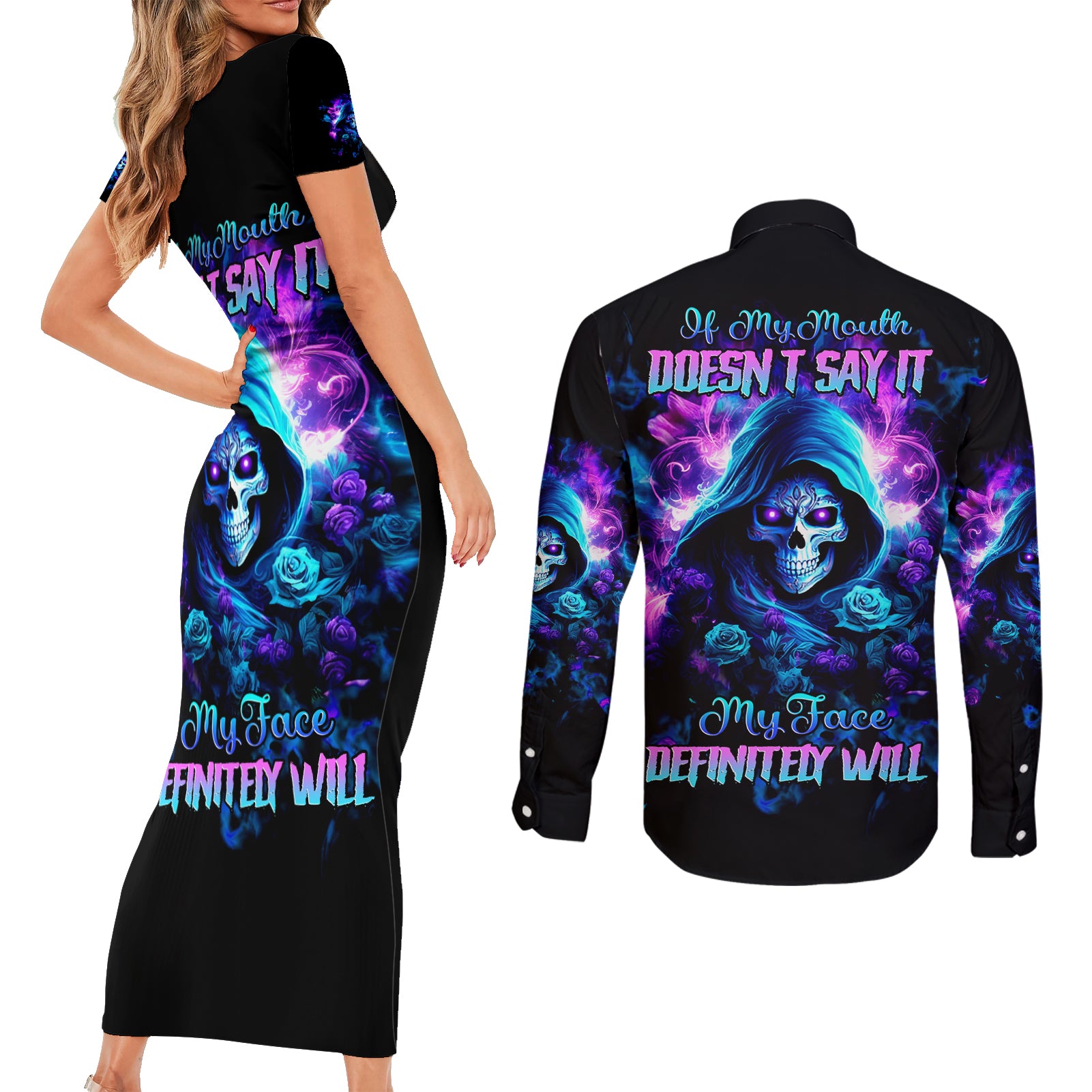 Rose Skull Couples Matching Short Sleeve Bodycon Dress and Long Sleeve Button Shirt If My Mouth Doesn't Say It