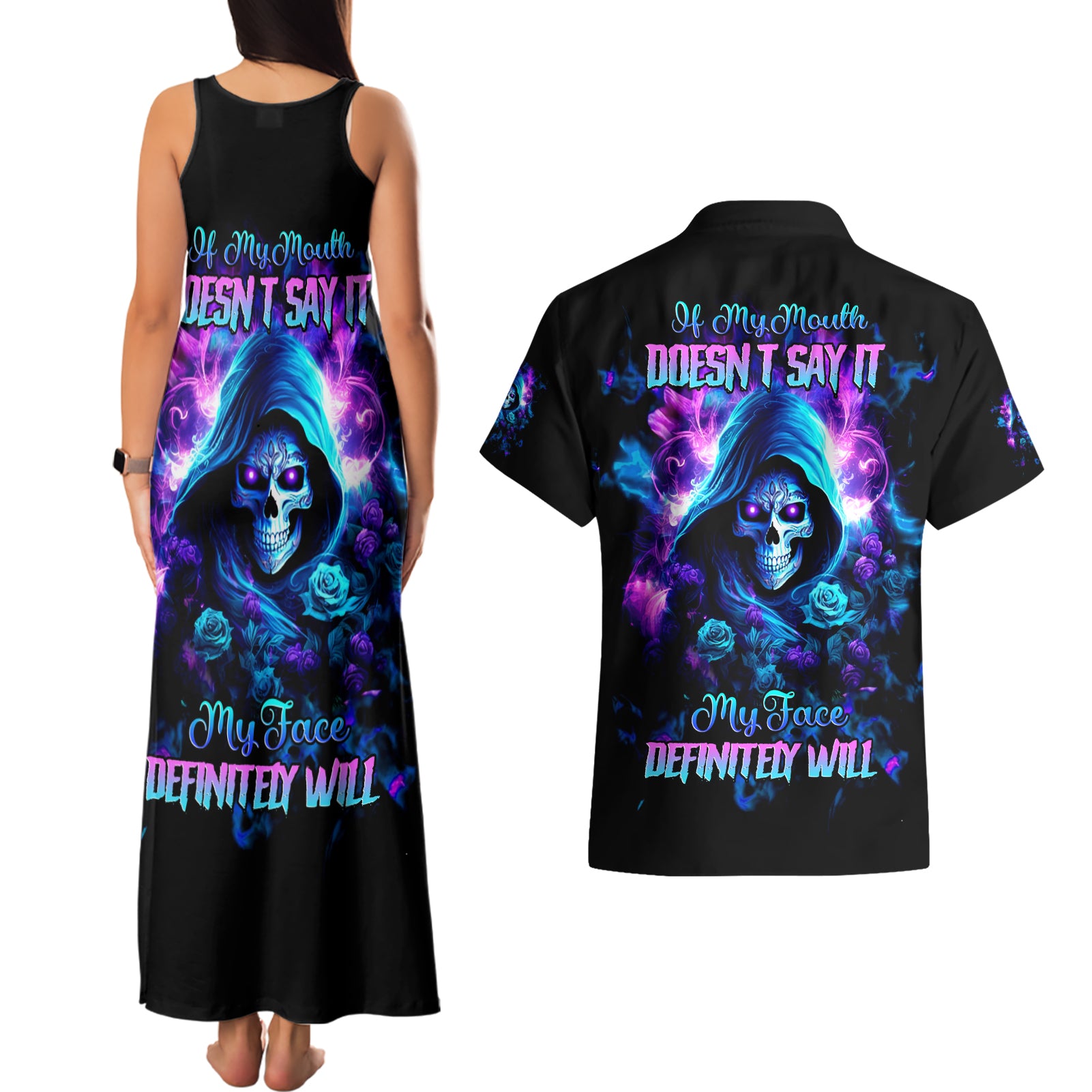 Rose Skull Couples Matching Tank Maxi Dress and Hawaiian Shirt If My Mouth Doesn't Say It
