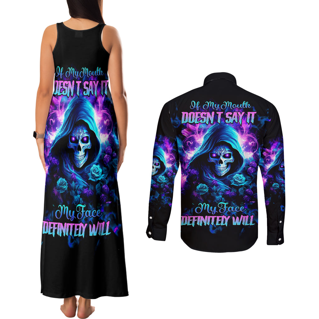 Rose Skull Couples Matching Tank Maxi Dress and Long Sleeve Button Shirt If My Mouth Doesn't Say It