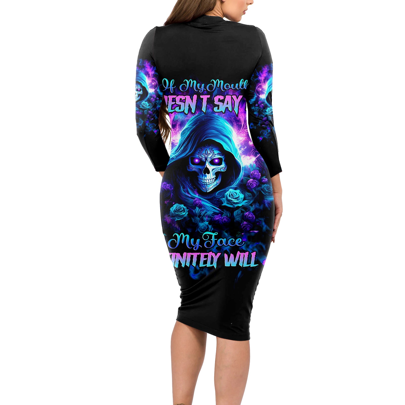 Rose Skull Long Sleeve Bodycon Dress If My Mouth Doesn't Say It