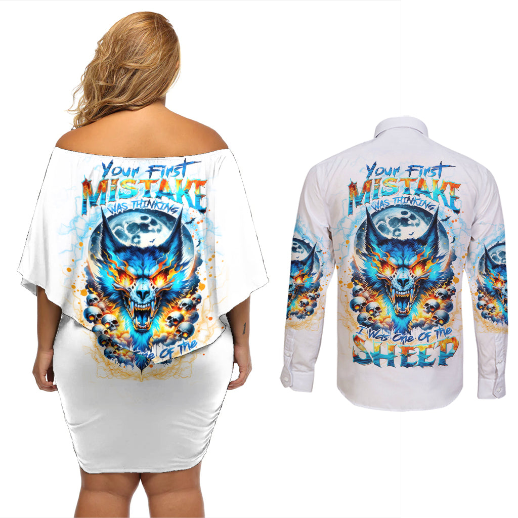 Wolf Skull Couples Matching Off Shoulder Short Dress and Long Sleeve Button Shirt You First Mistake Was Thinking I Was One Of The Sheep