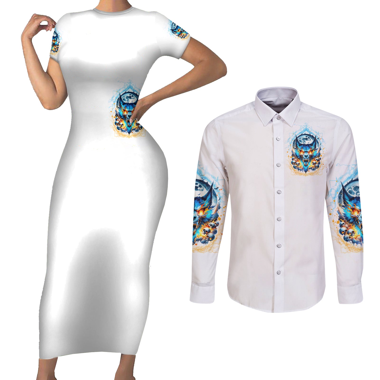 Wolf Skull Couples Matching Short Sleeve Bodycon Dress and Long Sleeve Button Shirt You First Mistake Was Thinking I Was One Of The Sheep