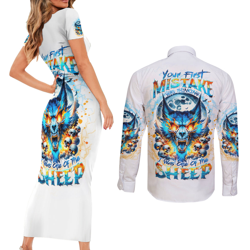 Wolf Skull Couples Matching Short Sleeve Bodycon Dress and Long Sleeve Button Shirt You First Mistake Was Thinking I Was One Of The Sheep