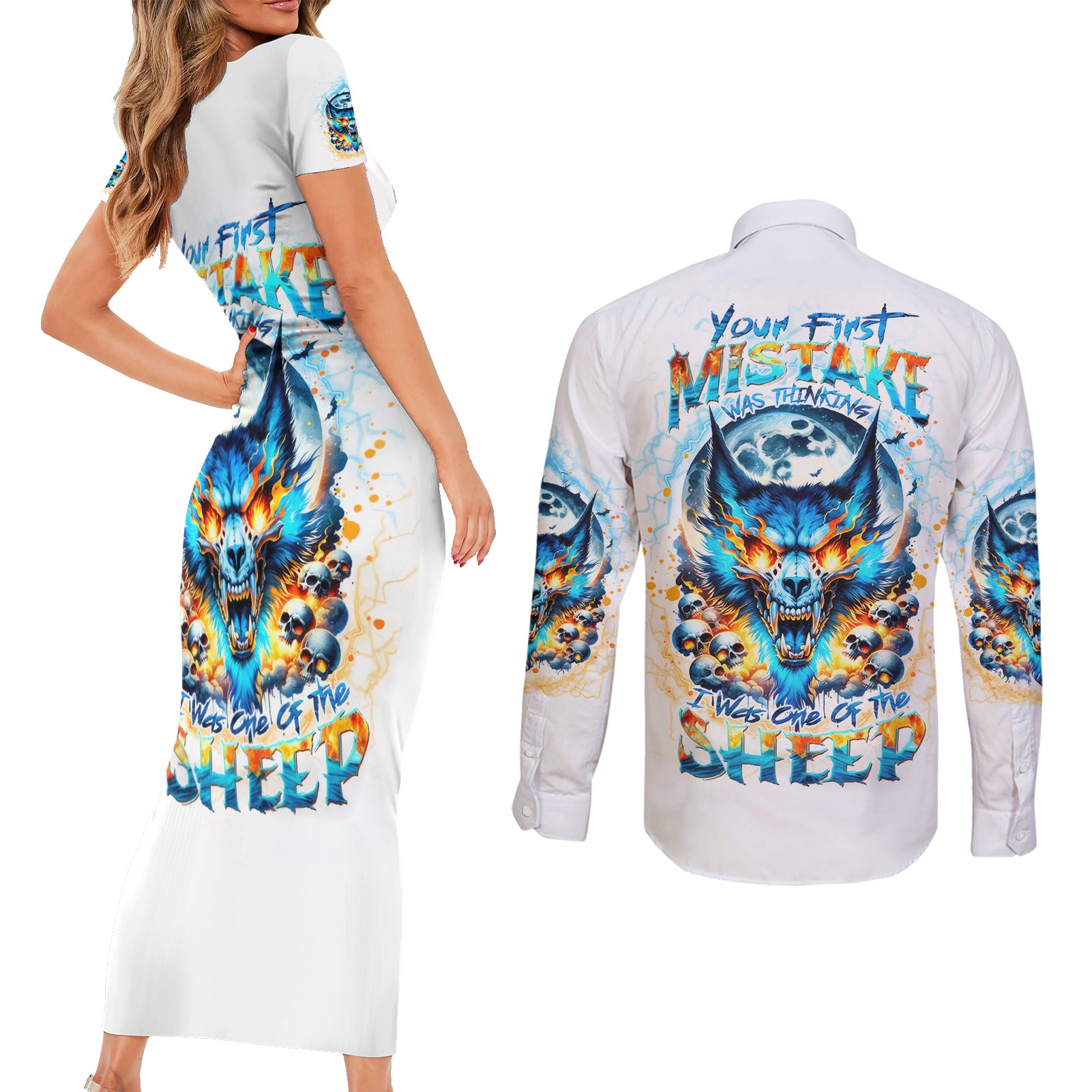 Wolf Skull Couples Matching Short Sleeve Bodycon Dress and Long Sleeve Button Shirt You First Mistake Was Thinking I Was One Of The Sheep