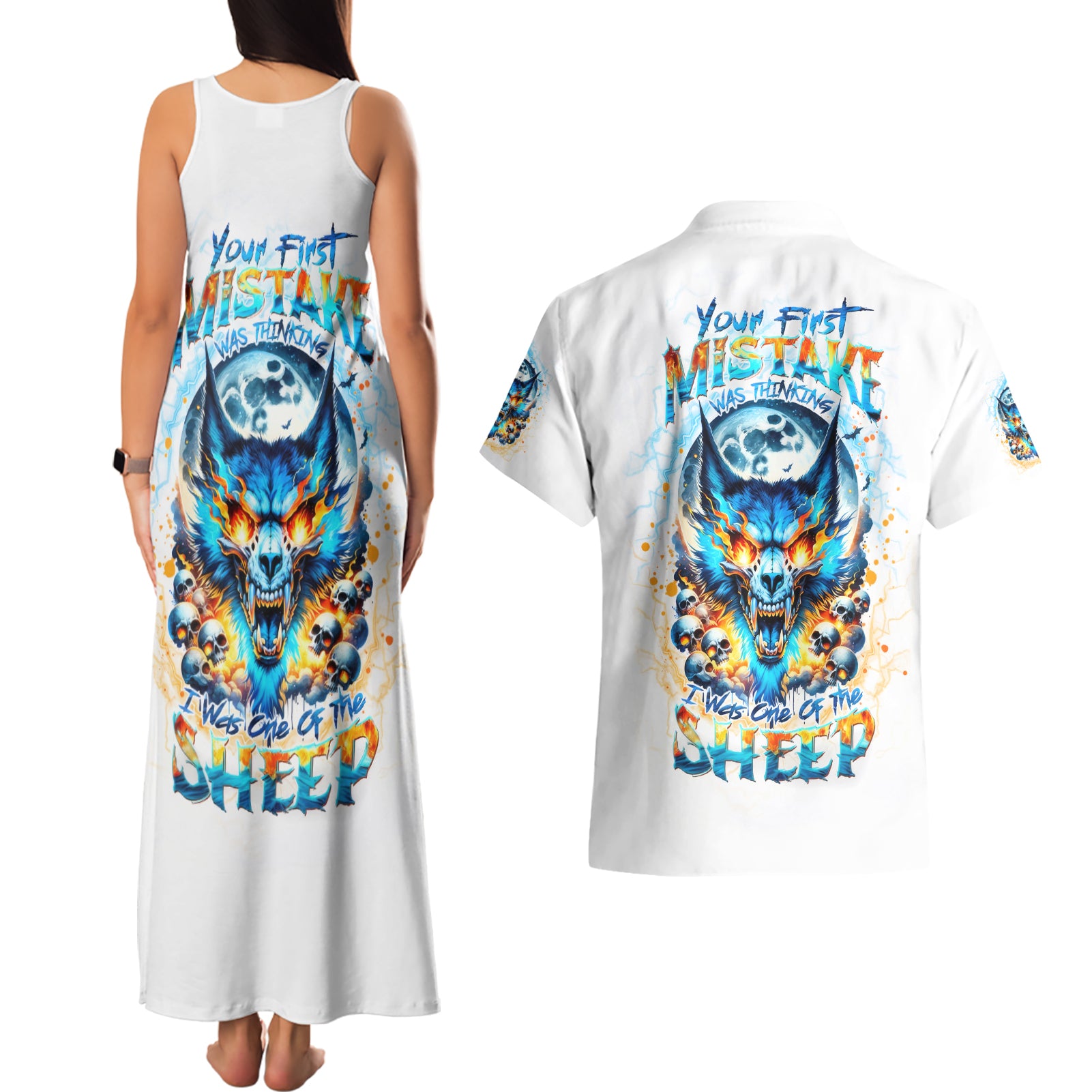 Wolf Skull Couples Matching Tank Maxi Dress and Hawaiian Shirt You First Mistake Was Thinking I Was One Of The Sheep