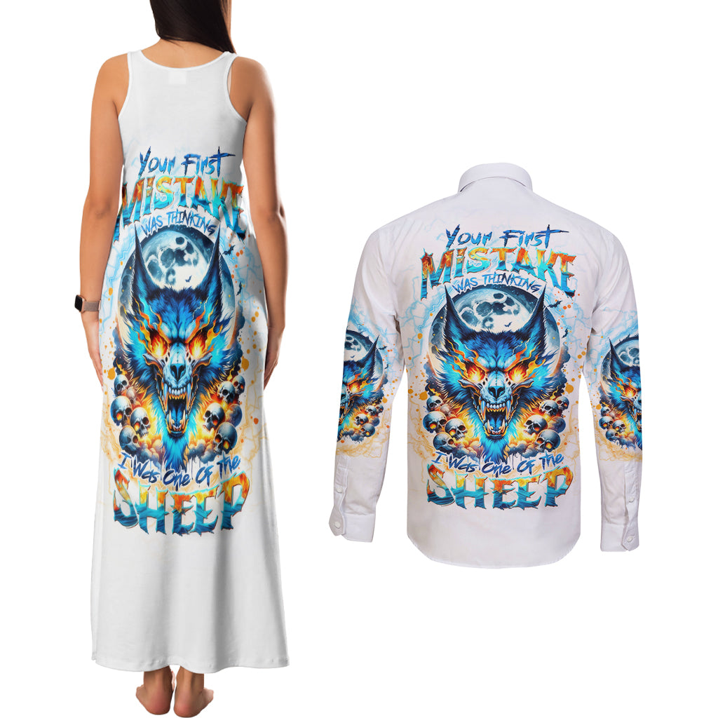 Wolf Skull Couples Matching Tank Maxi Dress and Long Sleeve Button Shirt You First Mistake Was Thinking I Was One Of The Sheep