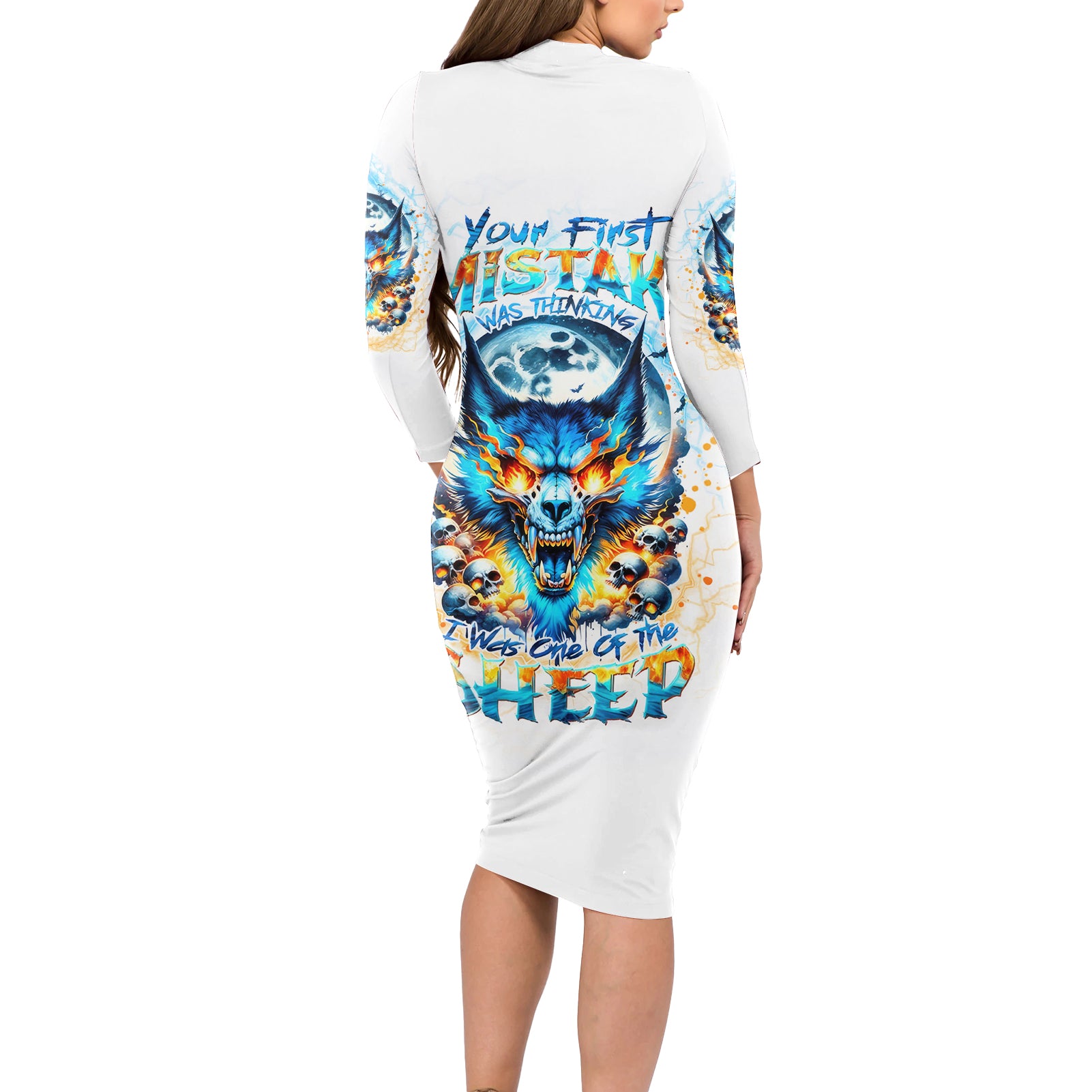 Wolf Skull Long Sleeve Bodycon Dress You First Mistake Was Thinking I Was One Of The Sheep