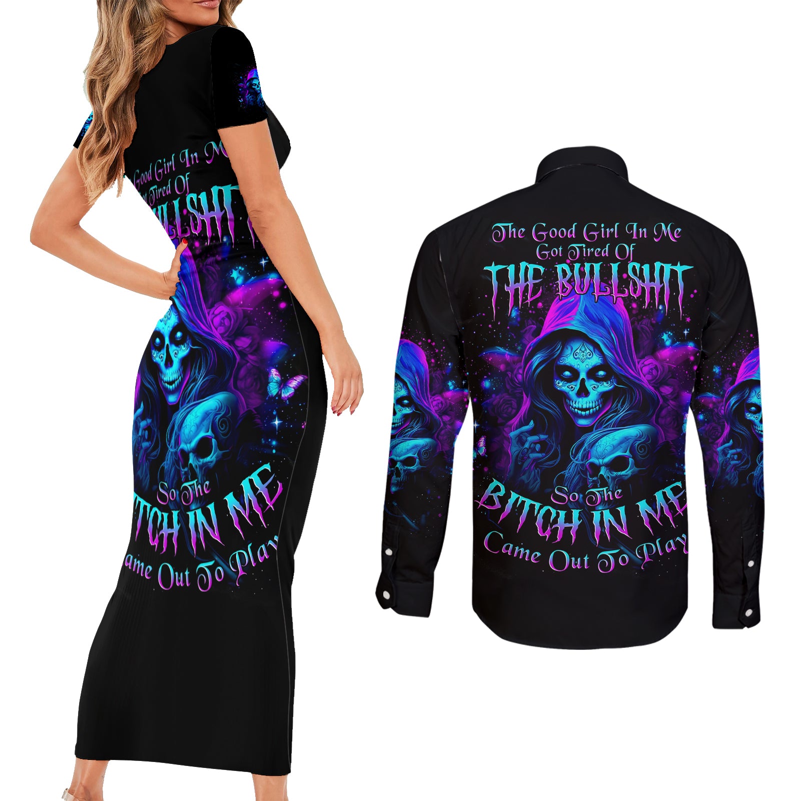 Witch Skull Couples Matching Short Sleeve Bodycon Dress and Long Sleeve Button Shirt The Good Girl In Me Got Tired Of The Bullshit