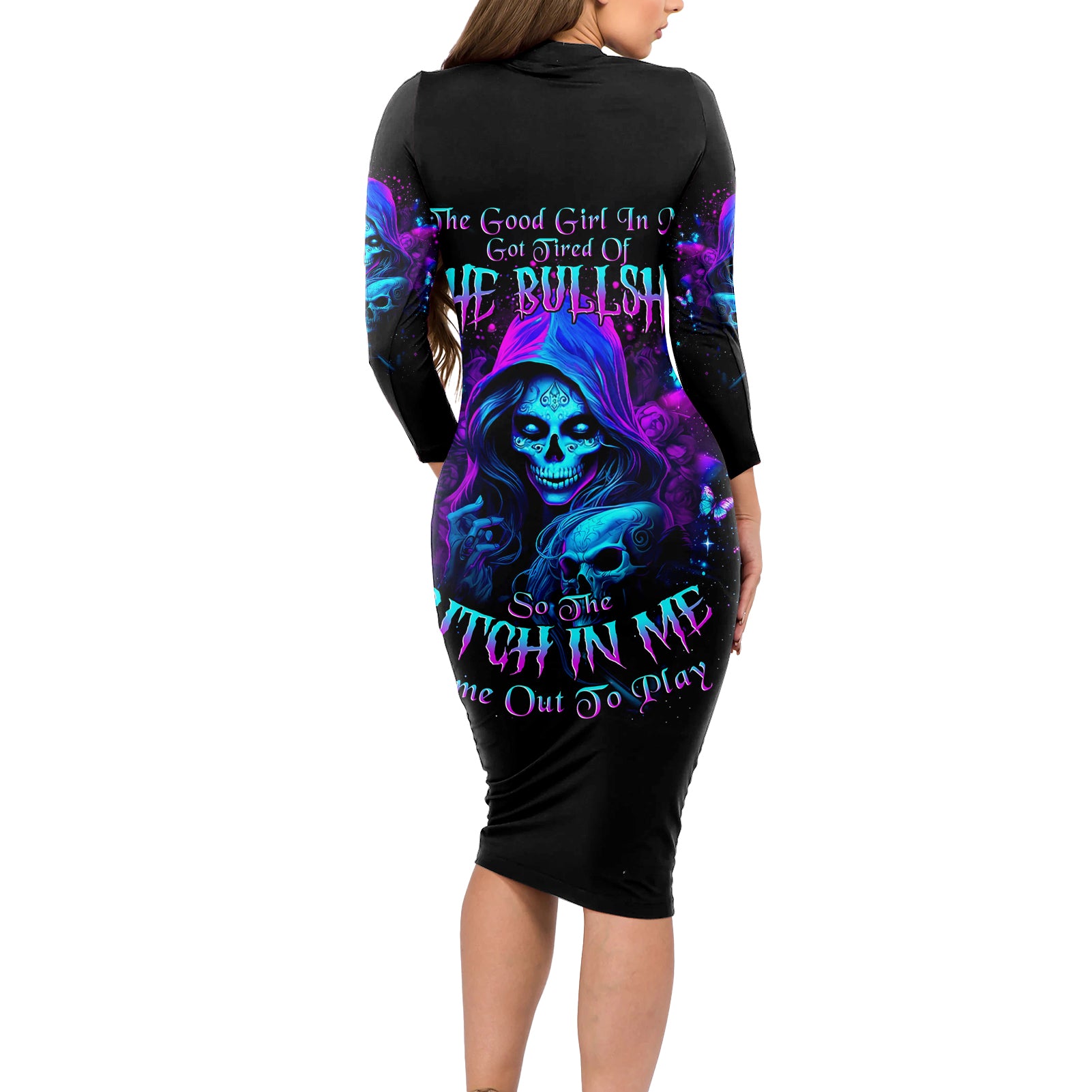 Witch Skull Long Sleeve Bodycon Dress The Good Girl In Me Got Tired Of The Bullshit