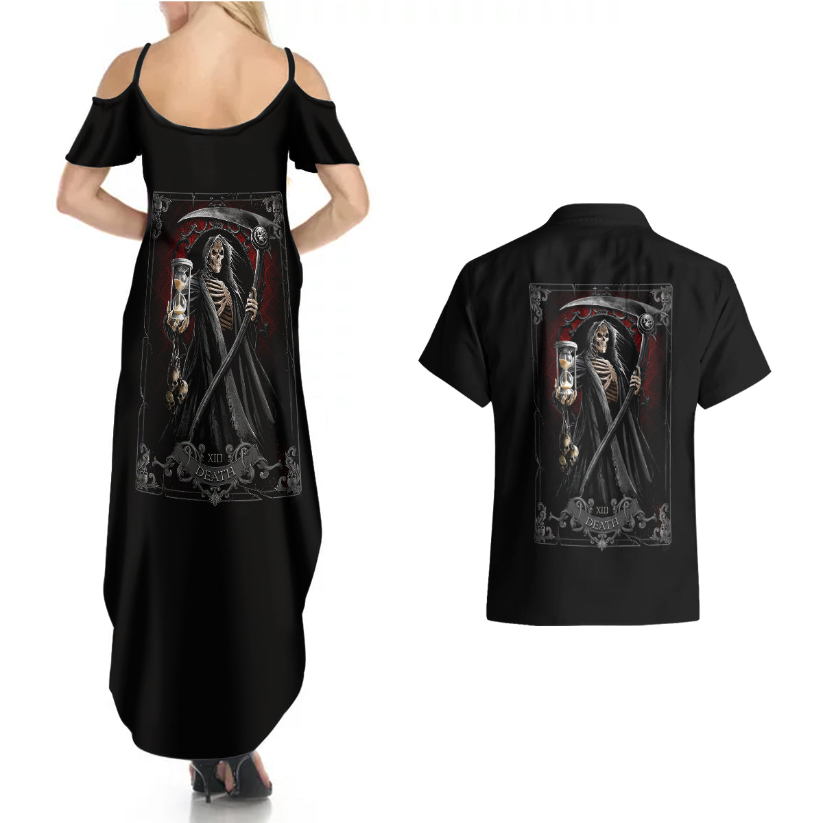 skull-couples-matching-summer-maxi-dress-and-hawaiian-shirt-death-reaper-arcana