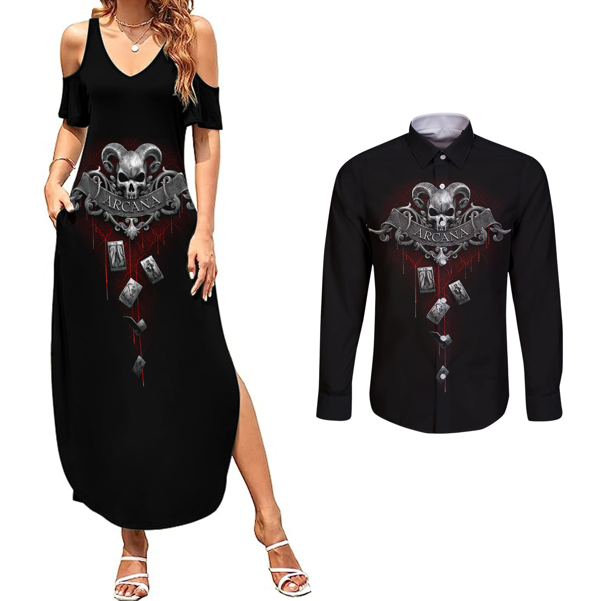 skull-couples-matching-summer-maxi-dress-and-long-sleeve-button-shirts-death-reaper-arcana