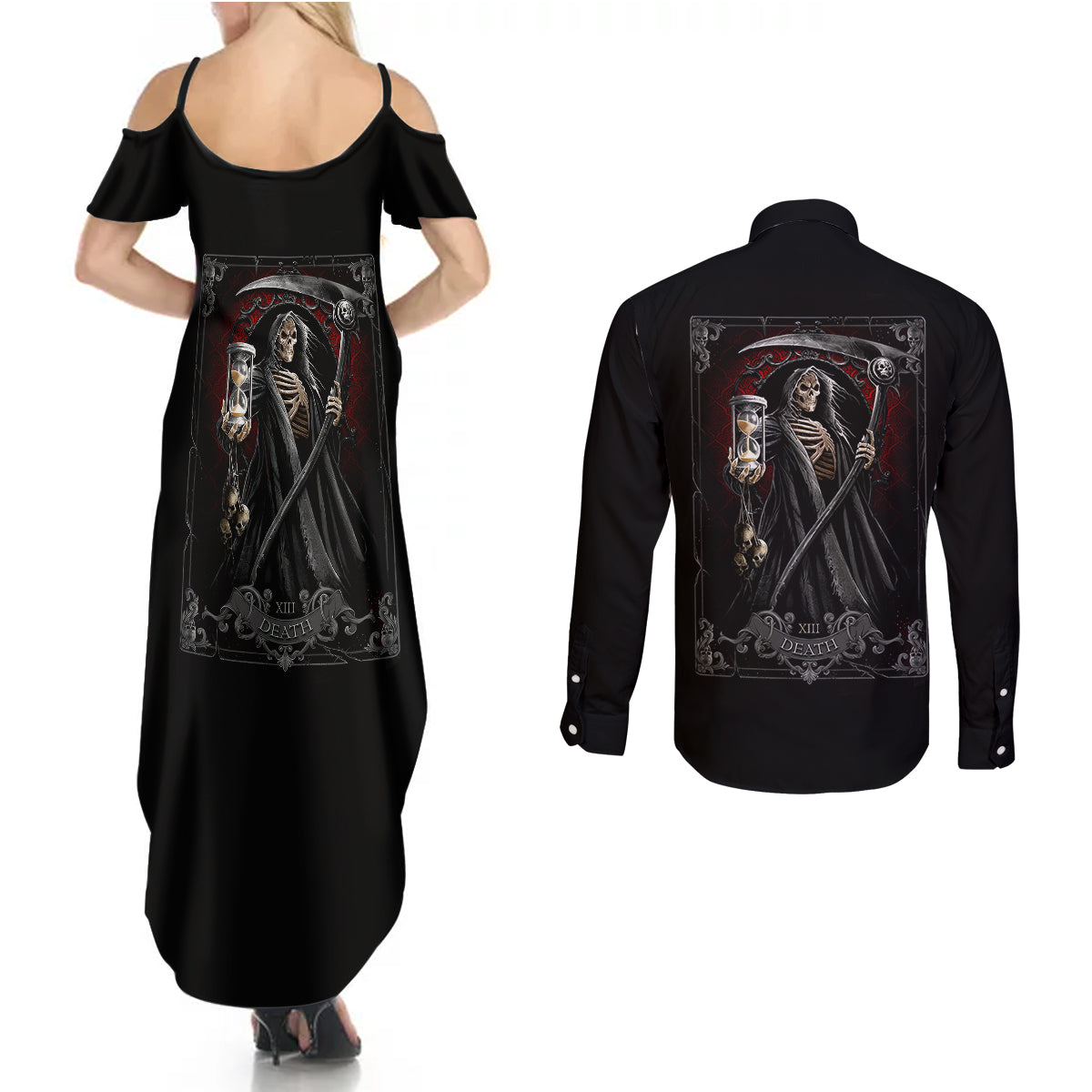 skull-couples-matching-summer-maxi-dress-and-long-sleeve-button-shirts-death-reaper-arcana