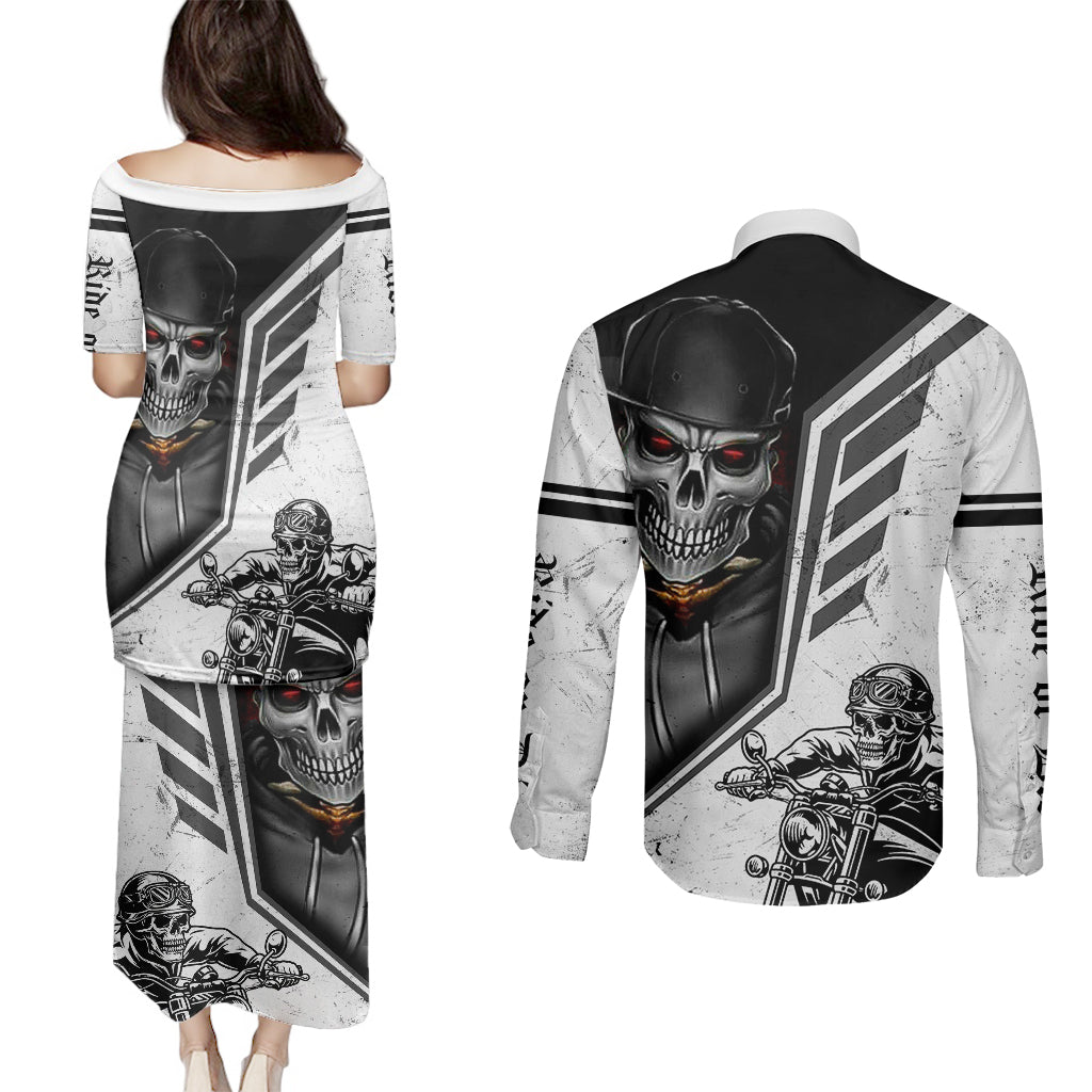 skull-couples-matching-puletasi-dress-and-long-sleeve-button-shirts-riding-motocycle