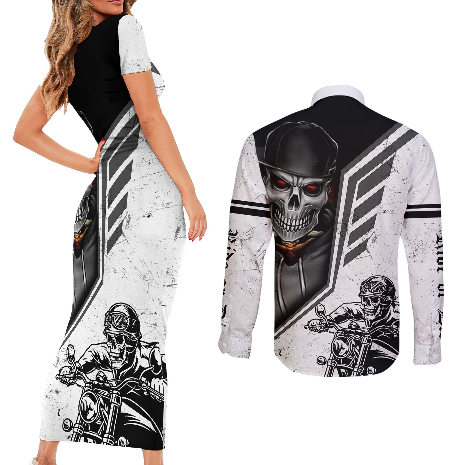 skull-couples-matching-short-sleeve-bodycon-dress-and-long-sleeve-button-shirts-riding-motocycle