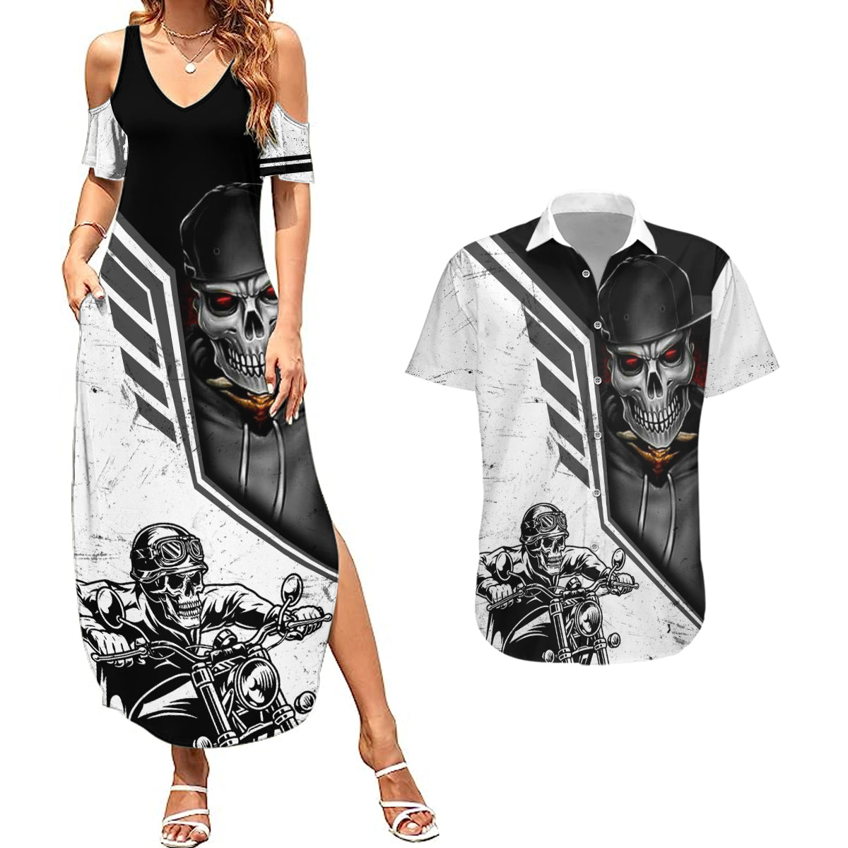 skull-couples-matching-summer-maxi-dress-and-hawaiian-shirt-riding-motocycle