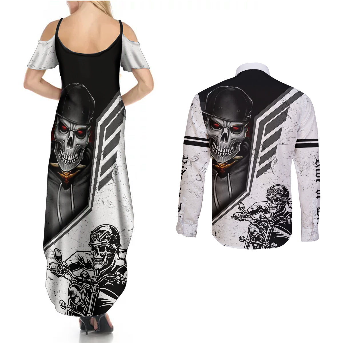 skull-couples-matching-summer-maxi-dress-and-long-sleeve-button-shirts-riding-motocycle