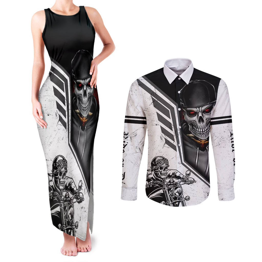 skull-couples-matching-tank-maxi-dress-and-long-sleeve-button-shirts-riding-motocycle