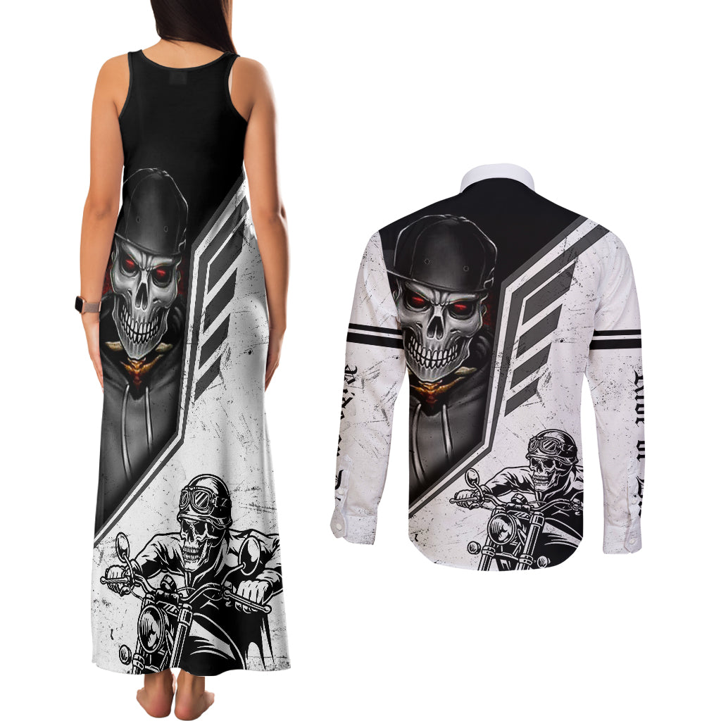 skull-couples-matching-tank-maxi-dress-and-long-sleeve-button-shirts-riding-motocycle