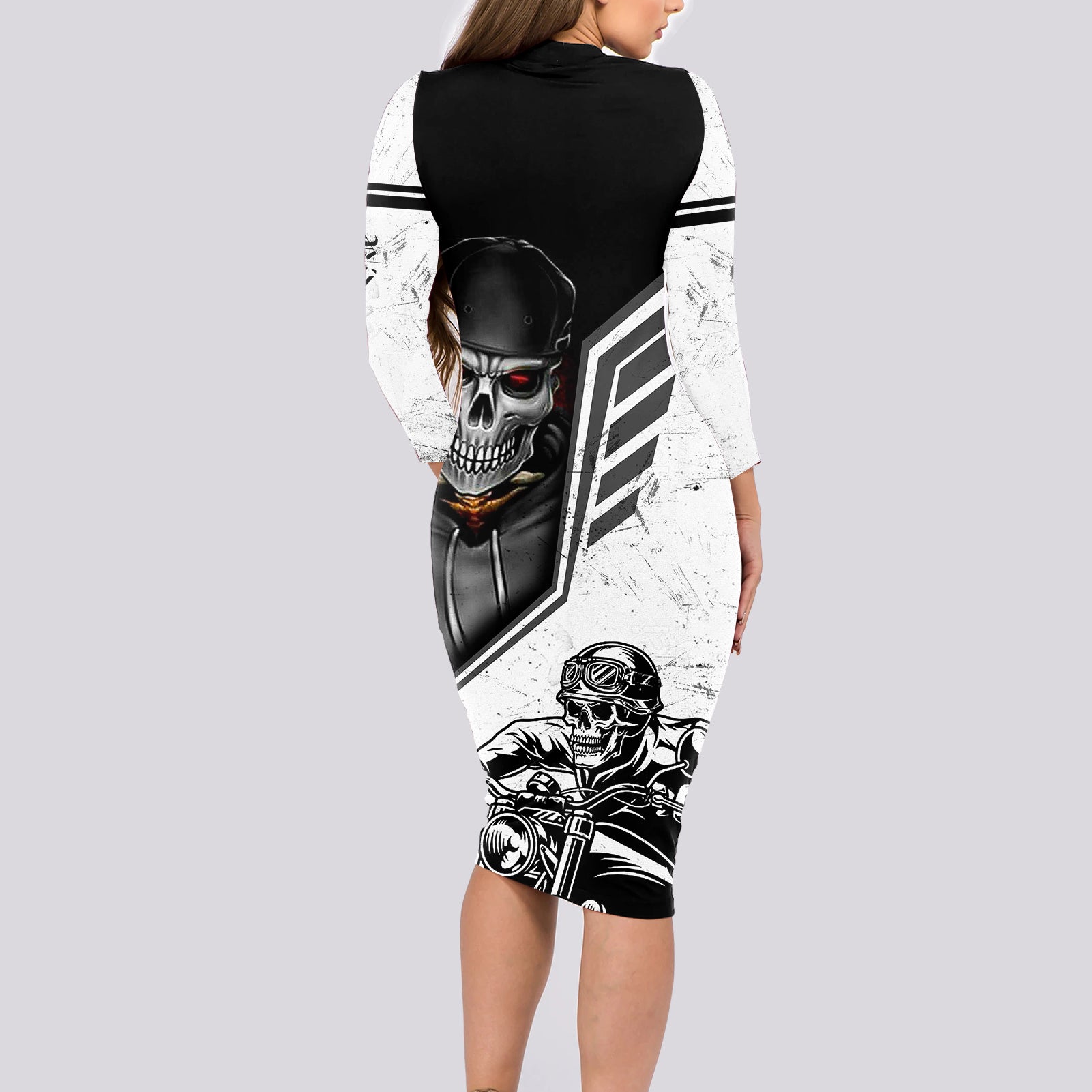 skull-long-sleeve-bodycon-dress-riding-motocycle