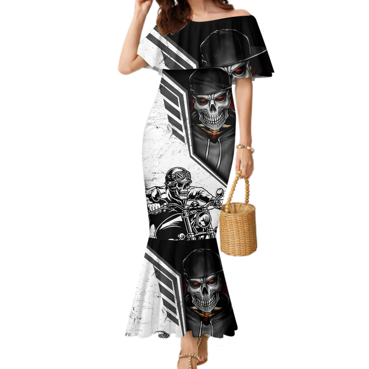 skull-mermaid-dress-riding-motocycle